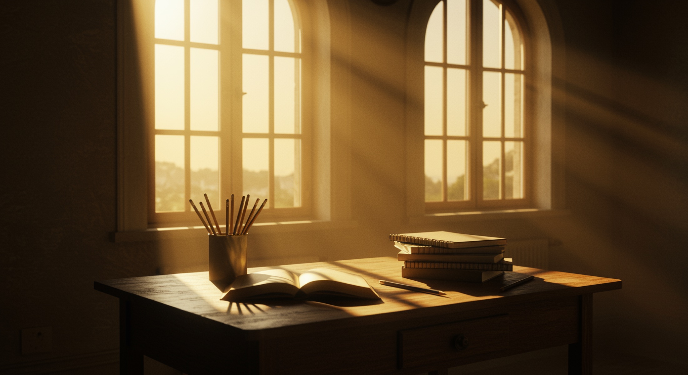 Afternoon light through tall arched windows falling on an open book and a desk